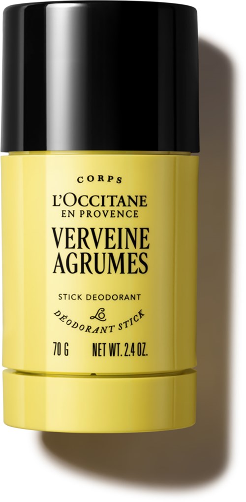 Geel en zwart deodorantstift met tekst, inclusief merk en geur, in het Frans.