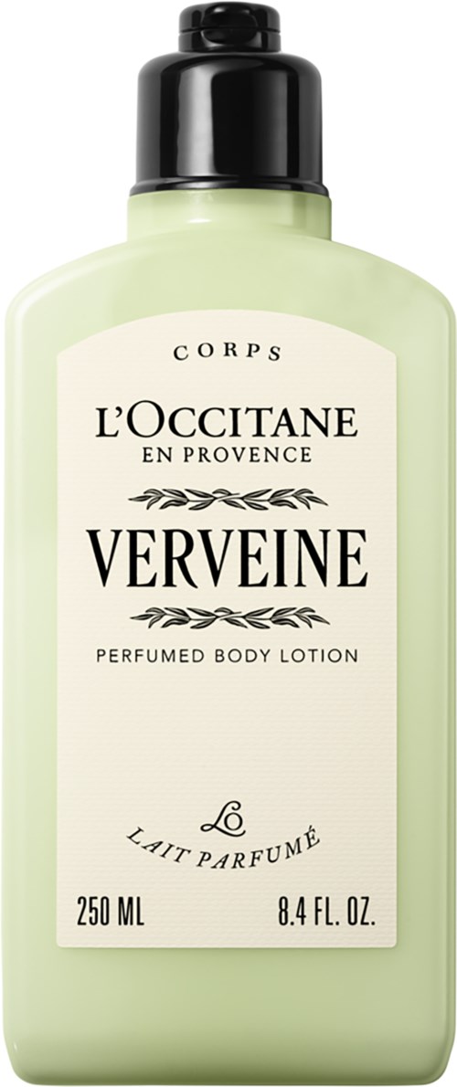 Hellgrüne Flasche mit Parfüm-Körperlotion, schwarzer Deckel, L'Occitane Verveine, 250 ml.