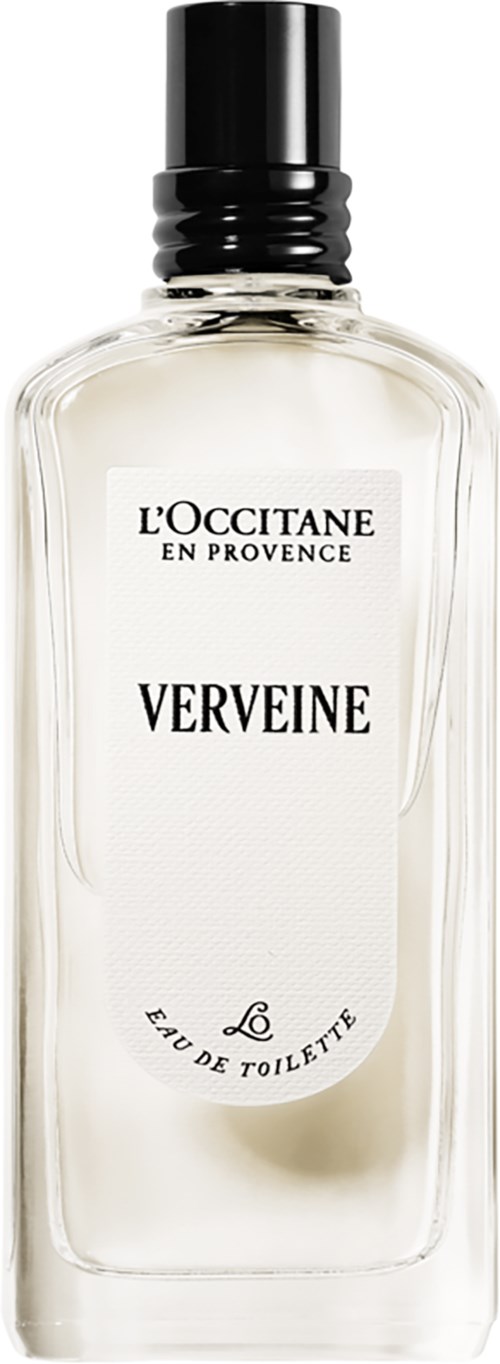 Een heldere parfumfles met zwarte dop, met label Verveine, van L'Occitane Provence, voor mannen.