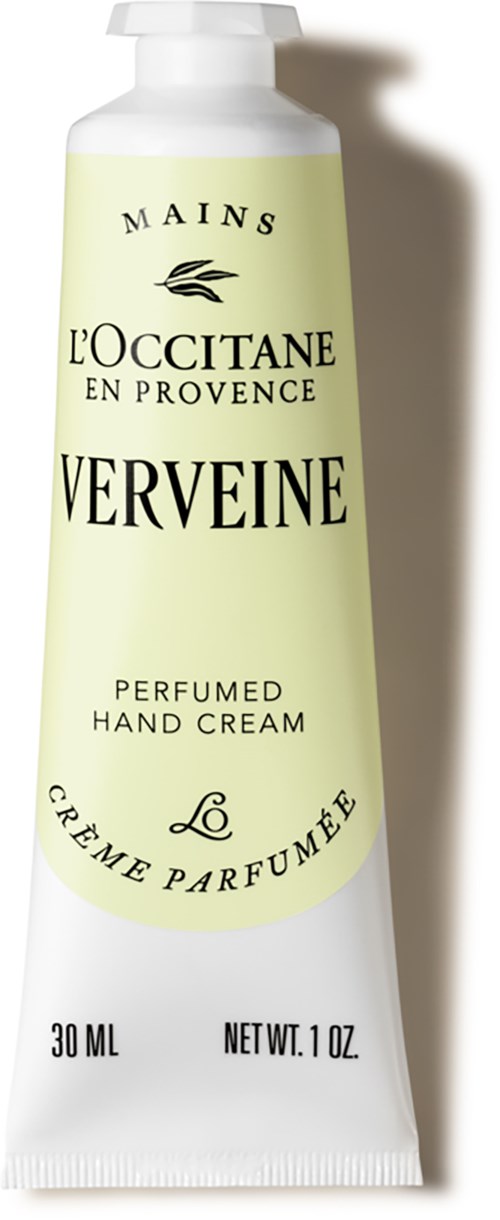 Eine Tube mit parfümierter Handcreme von L'Occitane, 30 ml, grüner und weißer Etikett.