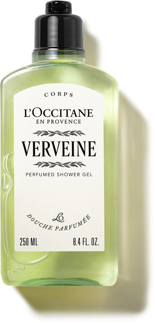 Eine klare grüne Duschgel-Flasche mit schwarzem Deckel, mit Verveine beschriftet, von L'Occitane, 250 ml.