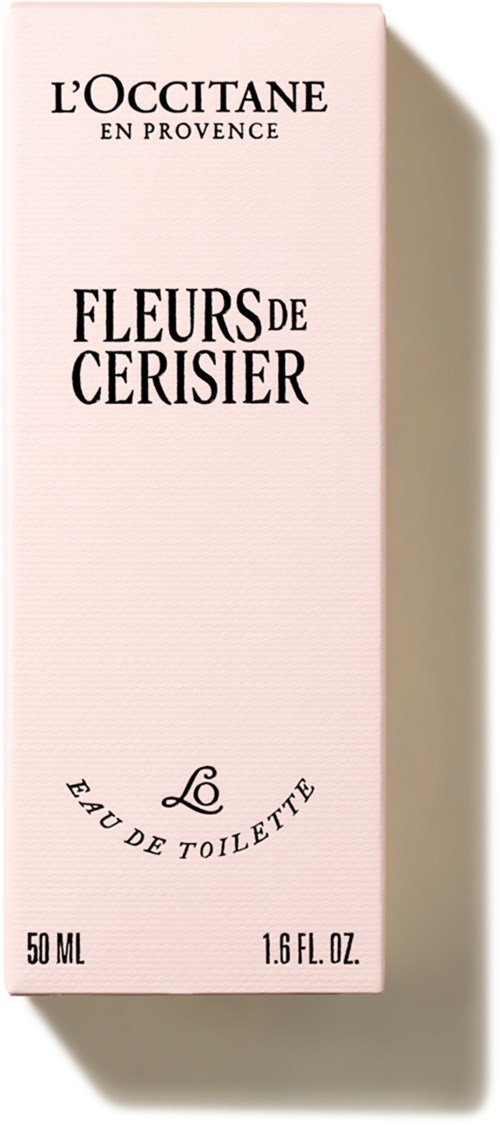 Eine rosa Verpackung mit schwarzen Text, zeigt ein Parfüm namens Fleurs de Cerisier von L'Occitane, mit Größenangaben.