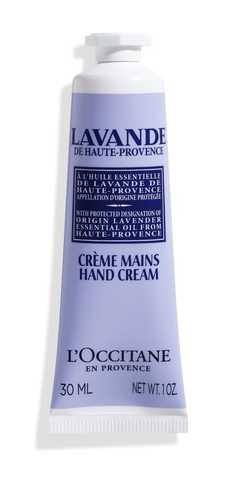 Eine weiße Handcremetube mit lila und schwarzem Text, bezeichnet "Lavande de Haute-Provence."