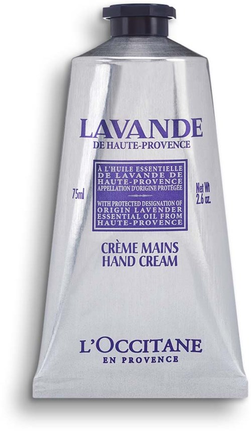 En tub handkräm med lavendellukt med lila text från L'Occitane som visar ingredienser och ursprung.
