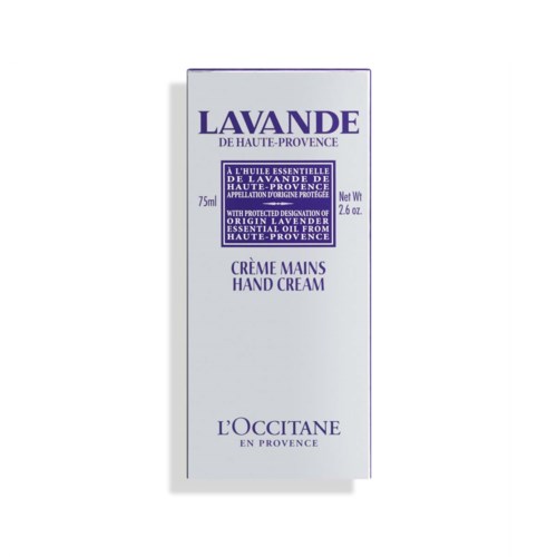 En vit låda med lila text som marknadsför lavendelhandskräm från L'Occitane, med detaljer som storlek och ursprung.