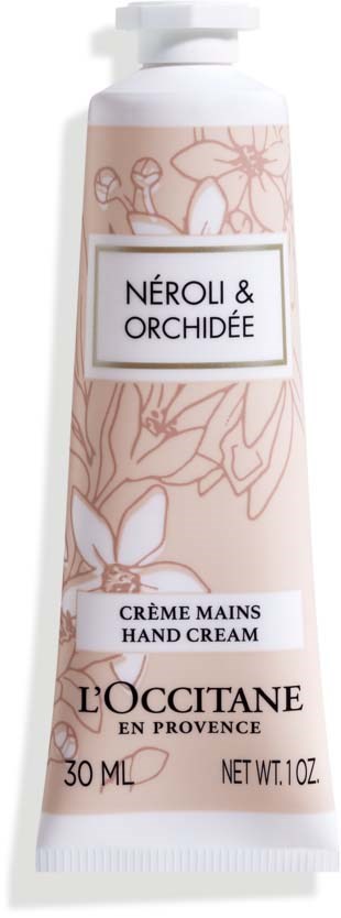 Ein rosa Handcremetube mit 'Néroli & Orchidée' von L'Occitane, mit Blumenmuster, 30 ml.
