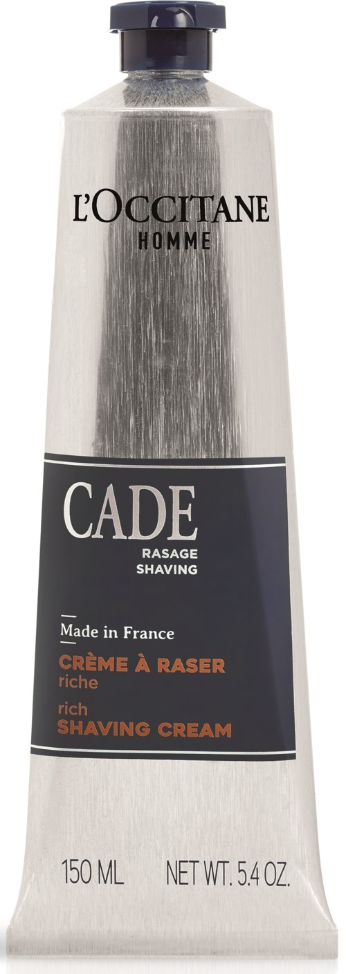 Eine silberne und schwarze Tube mit Rasierschaum von L'Occitane, beschriftet Cade, hergestellt in Frankreich, 150 ml.