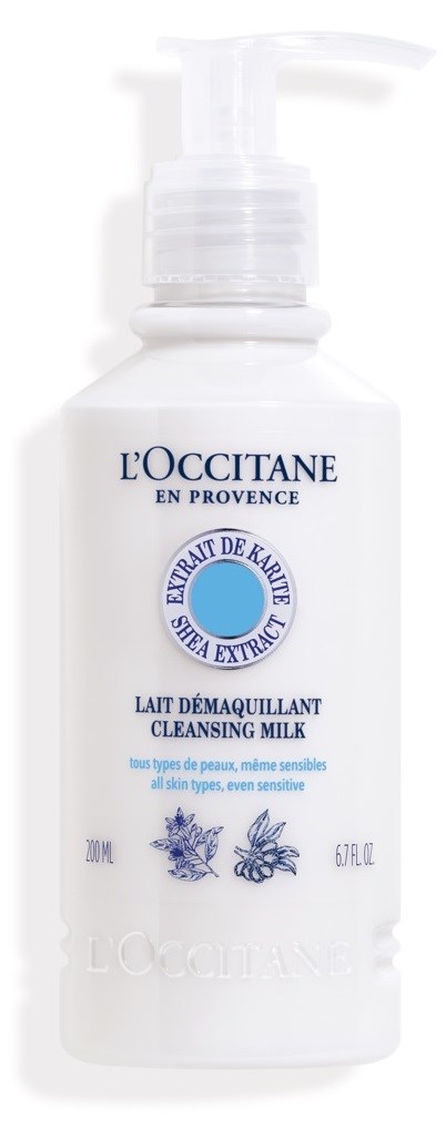 Weiße Flasche mit Pumpaufsatz, gekennzeichnet mit L'OCCITANE, enthält Reinigungsmilch mit Pflanzenextrakten. 200 ml.
