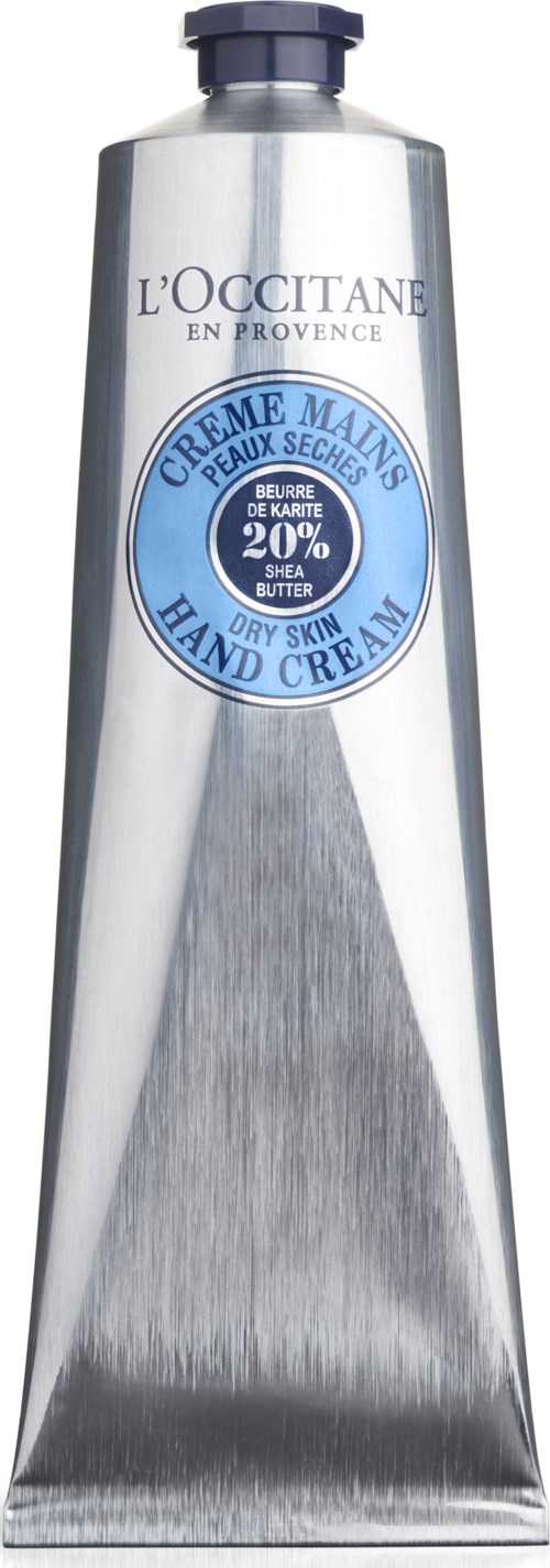 L'Occitane käsivoide, hopeanvärinen putkiloputki, sininen tarra, kuiva iholle ja sisältää 20 % sheavoita.