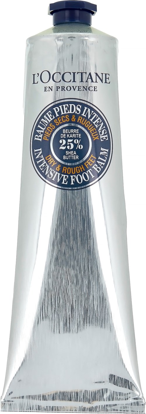 L'Occitane fotkräm i en silverfärgad tub, märkt för intensiv fotvård med 25% sheasmör, för grov hud.
