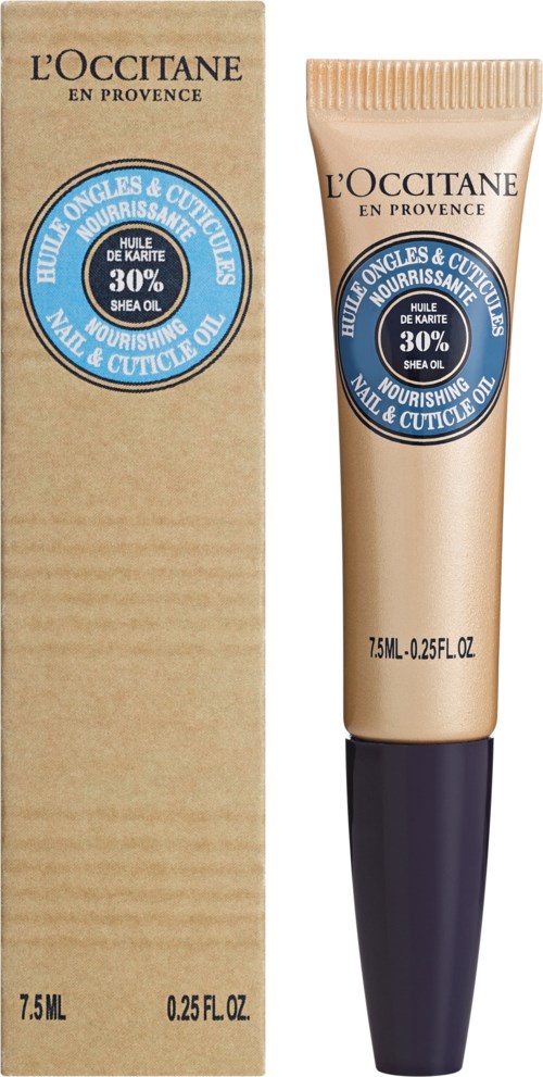 En tub och en box av L'Occitane handkräm med sheaolja, 7,5 ml storlek, i beige och svart förpackning.