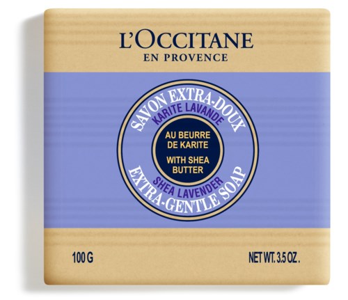 En tvålpappersförpackning med lavendel, sheasmör och fransk varumärke, 100 gram.