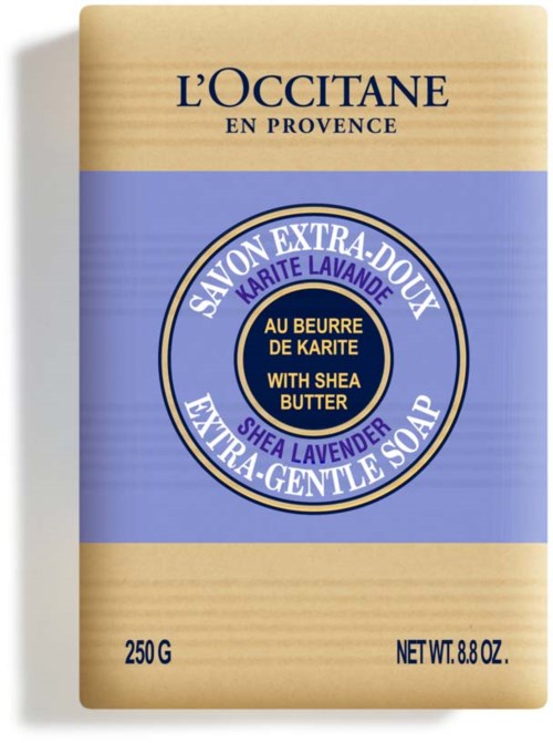 Tvålförpackning med beige och lila design, med varumärket L'Occitane och lavendeldoft, vikt 250g.