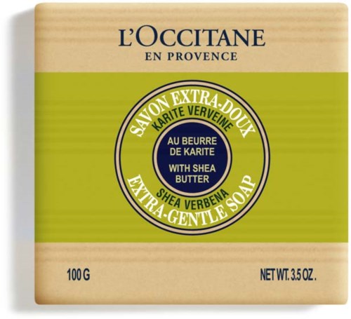 L'Occitane tvål med sheasmör, grönt och beige förpackning, och text om extra-mild tvål.