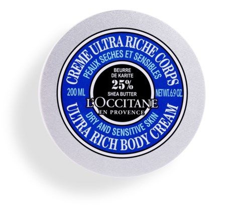 En rund behållare med L'Occitane ultra rik bodylotion för torr, känslig hud, med sheasmör och 25% beurre de karité.