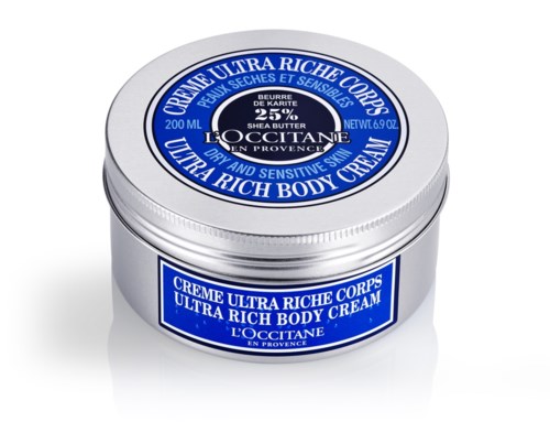 En rund silverburk av L'Occitane Ultra Rich Body Cream med blå och vit etikett, 200 ml.