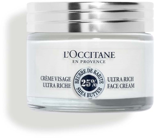 Eine weiße Glasdose mit silberner Kappe, L'Occitane Marke, enthält 25% Sheabutter, beschrieben als ultra reich.