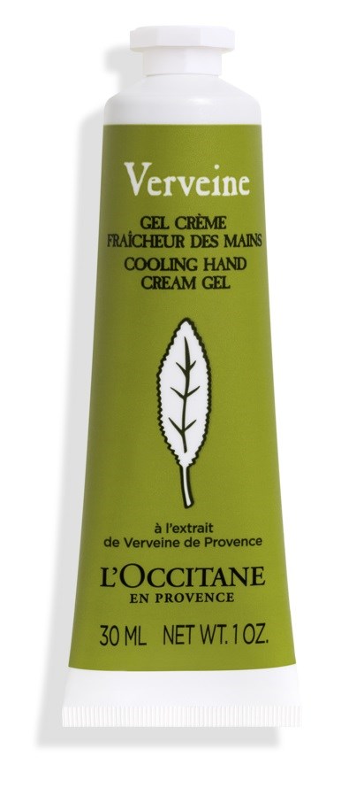 Eine grüne Tube Handcreme mit weißem Deckel, zeigt ein Blattlogo und französischen Text für kühlende Handcreme.