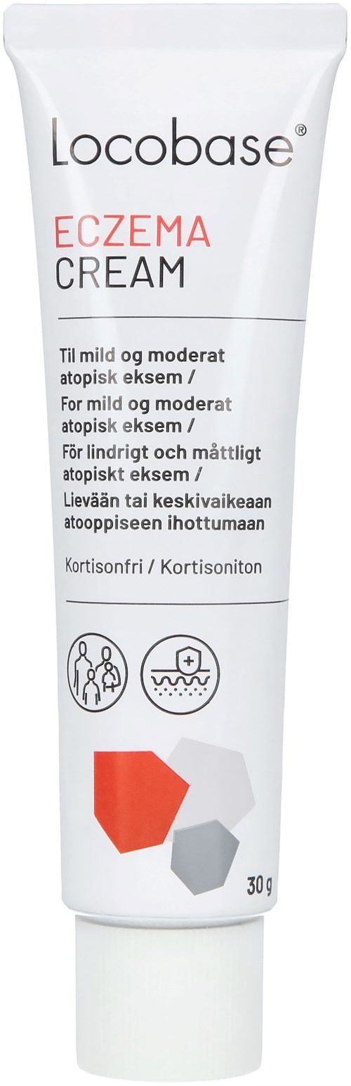 A white tube labeled Locobase Eczema Cream, with red and gray geometric shapes, designed for skin relief.