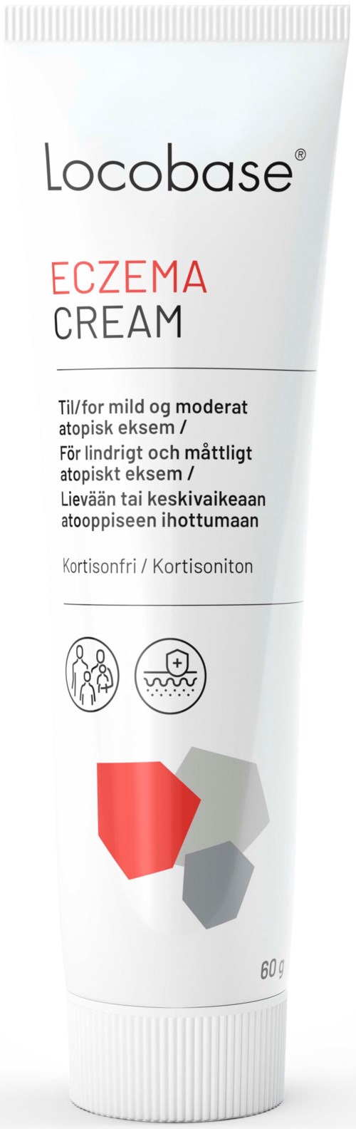 Eczema cream tube from Locobase, with red and gray hexagons, text indicating it's for mild to moderate eczema.