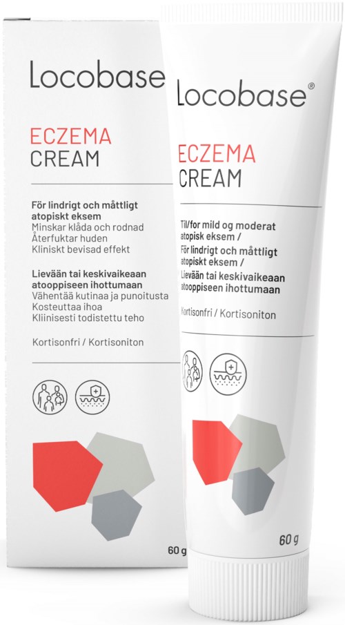Eczema cream with a white tube and matching box. Text explains it's for mild to moderate eczema, reduces redness, soothes skin.