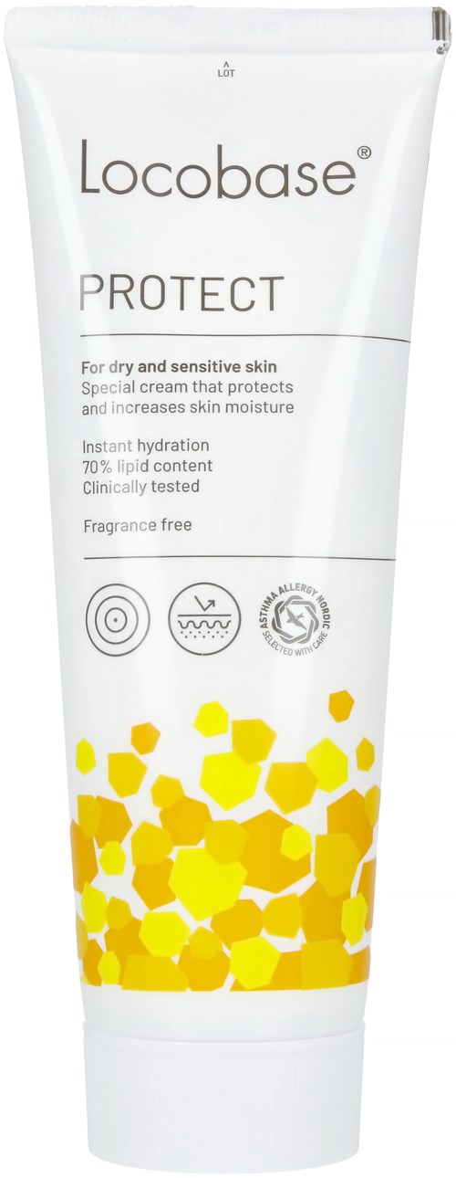 A white tube labeled Locobase Protect with yellow hexagon patterns at the bottom. It is for dry, sensitive skin and offers hydration.