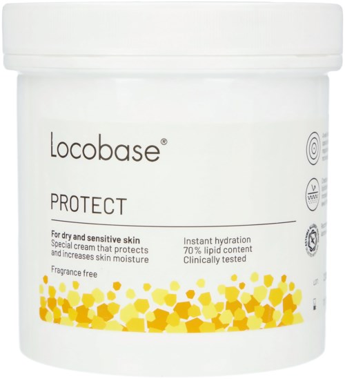 A white container of skincare cream with yellow dots, labeled 'Locobase Protect' for dry and sensitive skin.