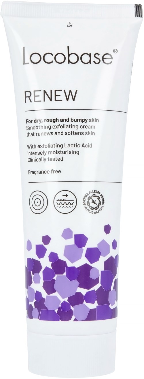White tube labeled 'Locobase RENEW' with purple geometric shapes, describes skin soothing and exfoliating effects.