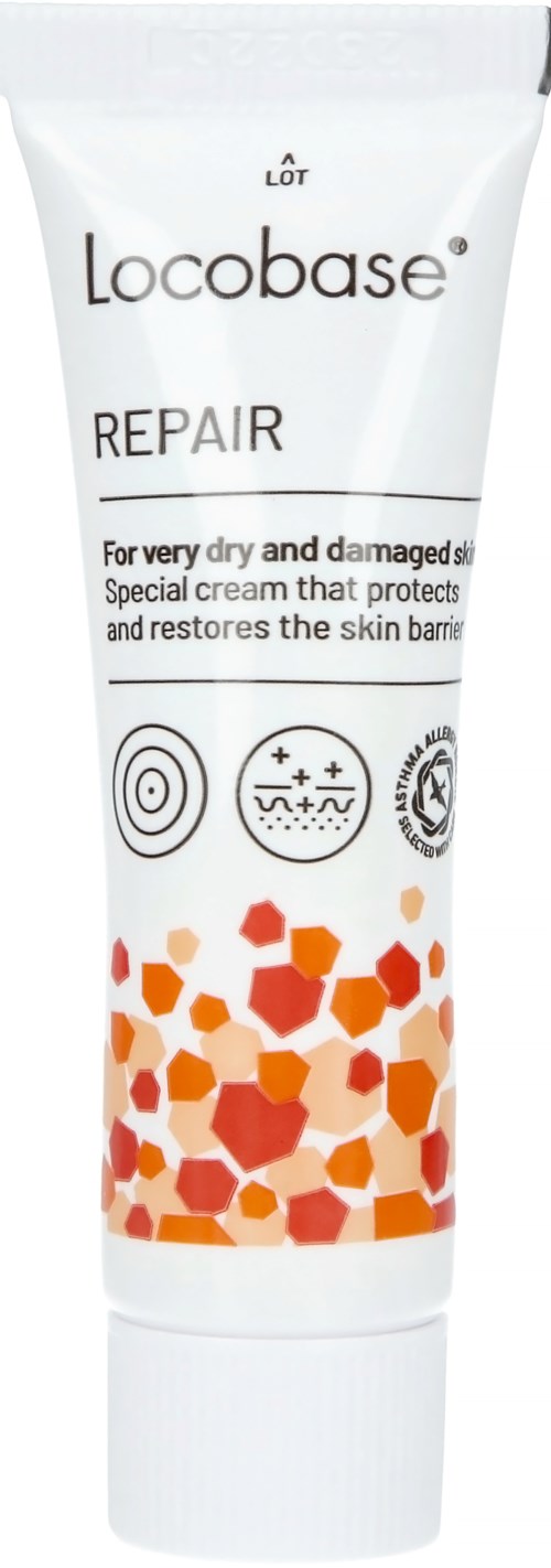 A white tube labeled Locobase Repair for very dry, damaged skin, with orange and red abstract shapes at the bottom.