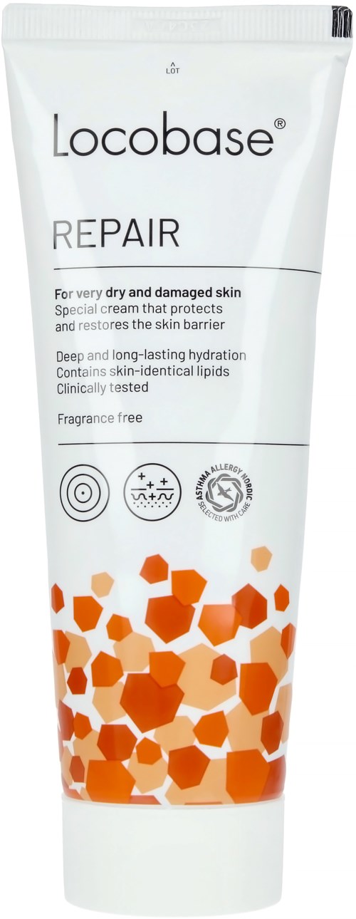 A white tube of skincare cream labeled 'Locobase Repair' with orange geometric shapes at the bottom.
