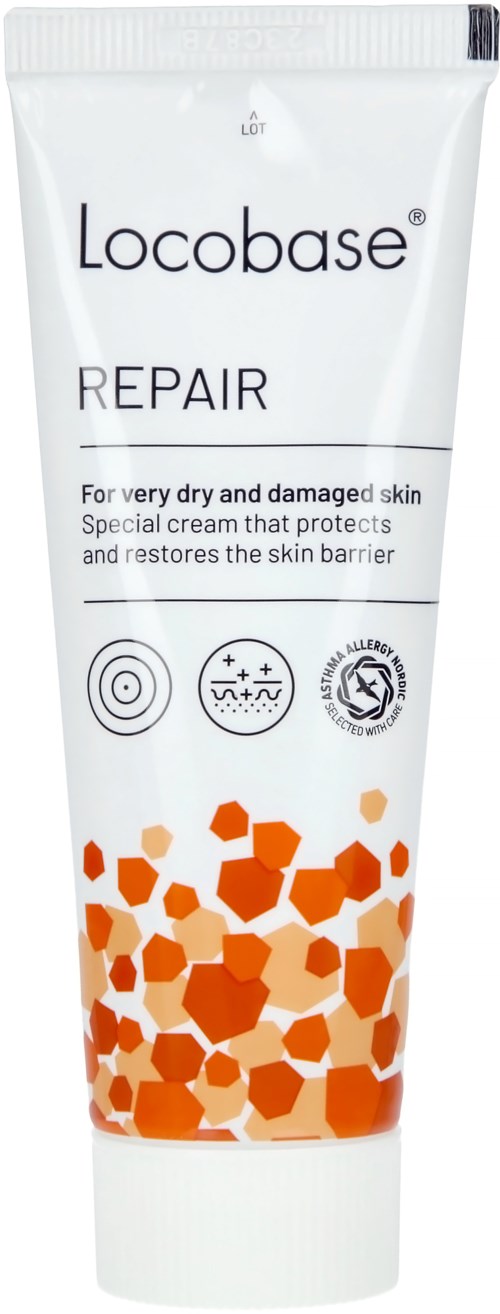 Tube of Locobase Repair cream for dry, damaged skin with orange hexagon pattern design.