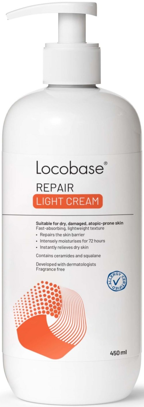 A white bottle of Locobase Repair Light Cream with a pump, labeled for skin repair, sensitive skin, and dermatologist-developed.