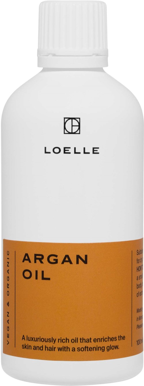 A white bottle labeled Loelle Argan Oil, with a brown and black text design, contains nourishing oil for skin and hair.