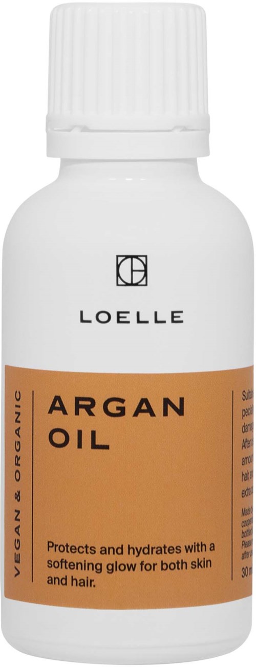 White bottle with black cap, label says Loelle Argan Oil, protects and hydrates skin and hair.