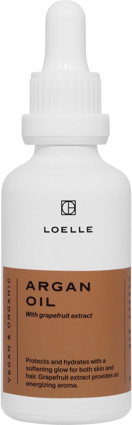 A white bottle with a dropper, labeled Loelle Argan Oil with grapefruit extract, for skin and hair care.