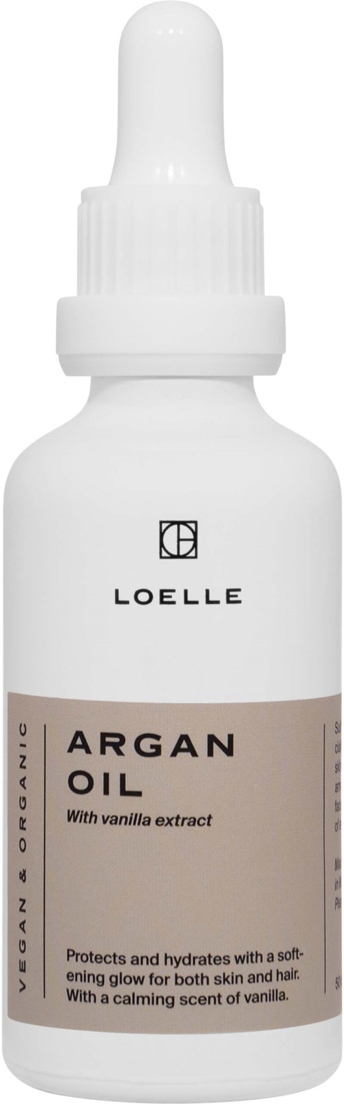 A white bottle with a dropper cap labeled "ARGAN OIL" from Loelle, including vanilla scent, for skin and hair care.