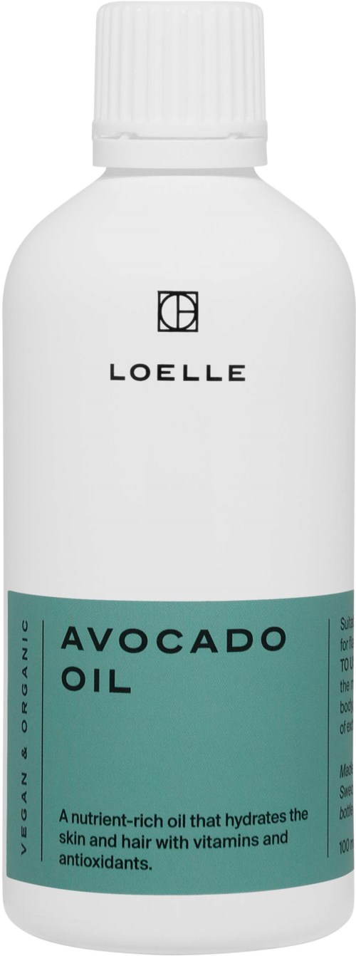 En vit flaska med vit lock, märkt 'Loelle Avocado Oil', och en beskrivning om att vårda hud och hår.
