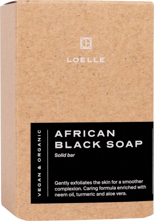 A brown box with a label that says 'African Black Soap' and 'Vegan & Organic'. It is for skincare.
