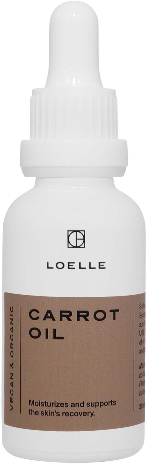 A white bottle with a dropper, labeled 'LOELLE Carrot Oil,' claims to support skin recovery and is vegan and organic.