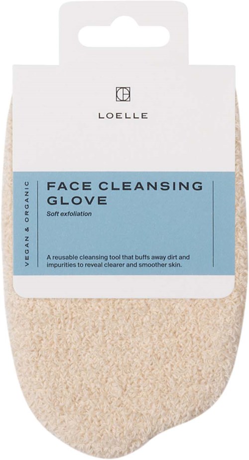 En ansiktsrengöringshandske i beige, med blå och vit förpackning, märkt för mjuk exfoliering, återanvändbar och ekologisk.