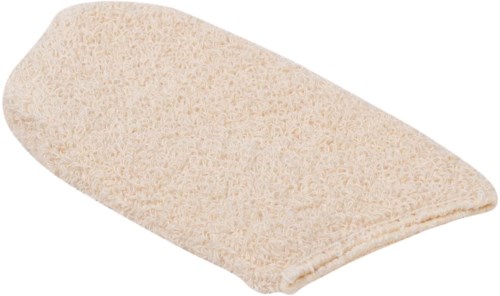 En mjuk, beige rengöringssvamp med lätt böjd form och grov yta.