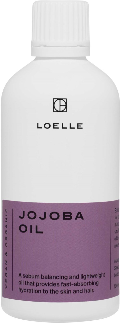 A white bottle labeled 'Jojoba Oil' from the brand Loelle. It suggests skin and hair hydration.