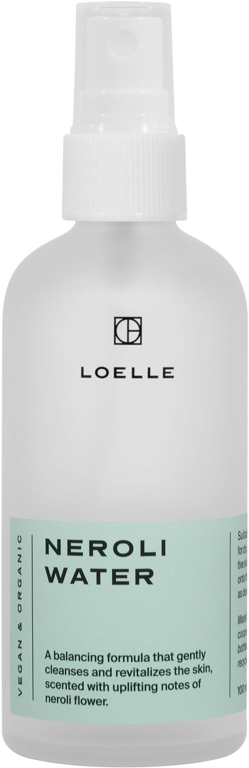 A white spray bottle with a clear cap, labeled 'NEROLI WATER' and information about skin cleansing and reviving.