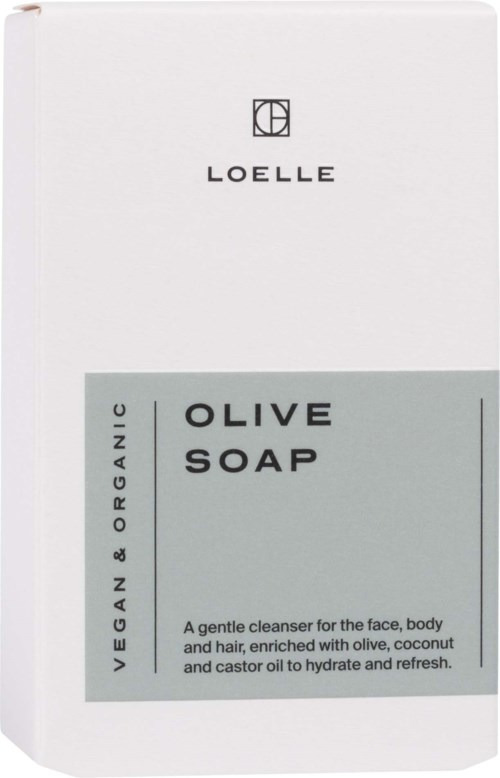 White box with black and grey text, showcasing a vegan olive soap for face, body, and hair.