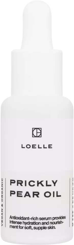 A white bottle with a dropper cap labeled 'Prickly Pear Oil' by LOELLE, claiming to hydrate and nourish skin.