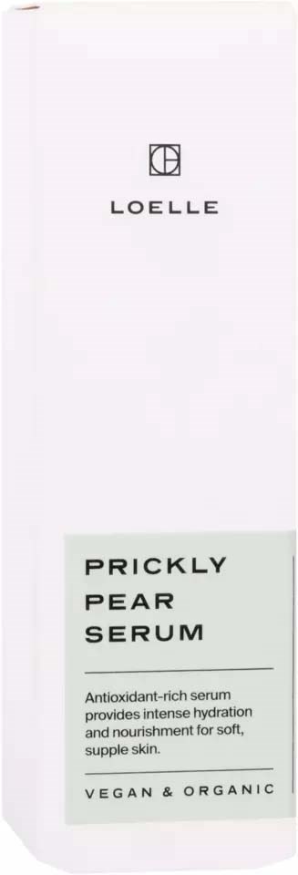 A white box with the brand Loelle, showing a logo and the product name Prickly Pear Serum for skin hydration.
