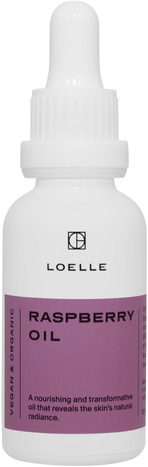 Small white bottle with a dropper cap, labeled 'Raspberry Oil' by Loelle, used for skincare or aromatherapy.