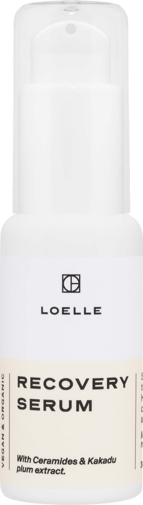 A white bottle with a pump cap labeled LOELLE Recovery Serum, containing ceramides and kakadu plum extract.