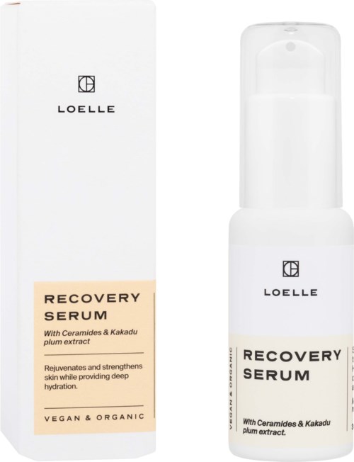 A white box and bottle of Loelle Recovery Serum with Ceramides and Kakadu plum extract, labeled as vegan and organic.