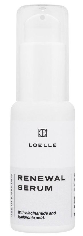 A white bottle labeled 'LOELLE RENEWAL SERUM' with ingredients like niacinamide and hyaluronic acid.